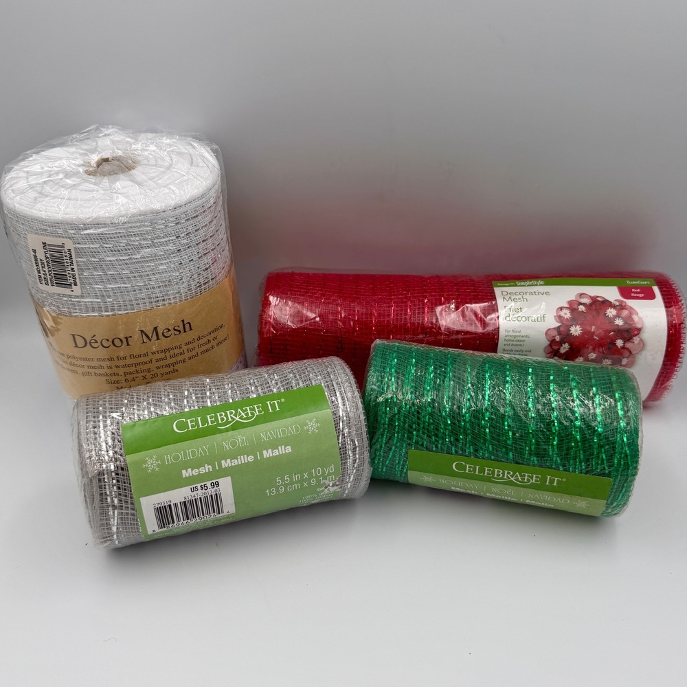 Celebrate It Holiday Deco Mesh Ribbon Lot Red Green White Silver 4 Rolls